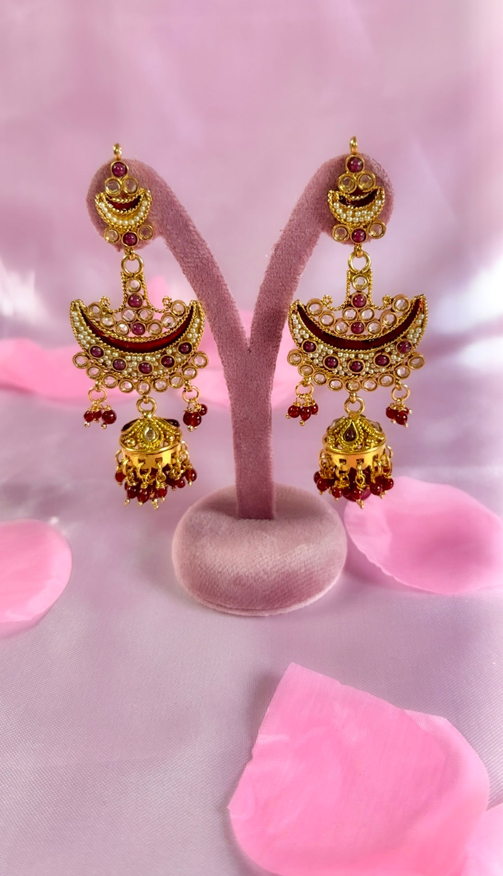 Maroon Crescent Jhumka Earrings